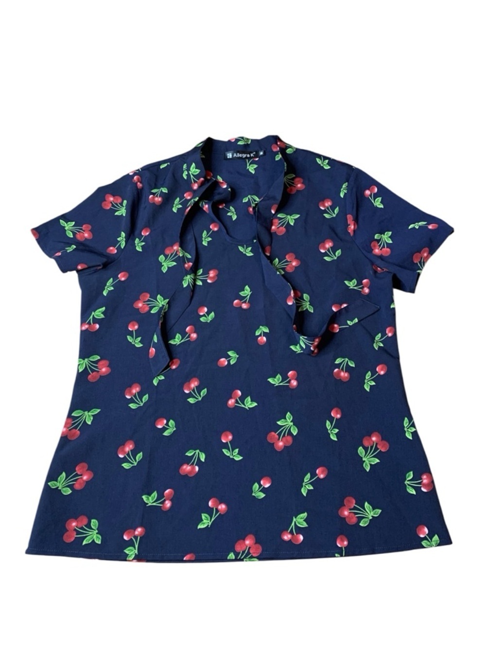 Allegra K Navy Blue Cherry Print Bow Tie Neck Blouse - Size Medium